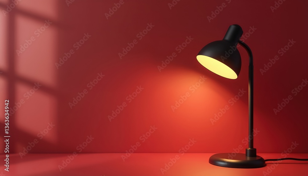 Poster black desk lamp on red surface illuminated. minimalist design, warm light creates cozy atmosphere. m