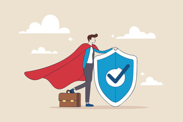 Security safety, protection or shielding insurance, privacy protect, defense from cyber attack, safeguard, guarantee or threats control concept, businessman superhero holding strong protection shield.