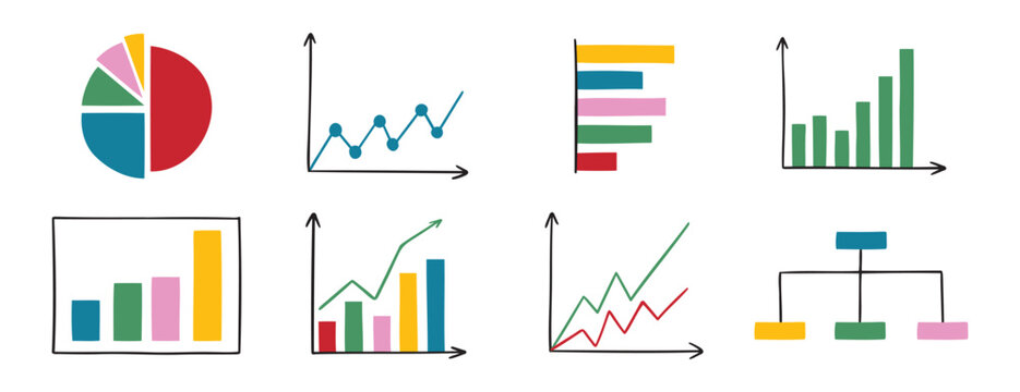 charts and graphs doodle hand drawn icon set. Different types of charts for business presentation. data and analytics diagram cartoon concept drawing