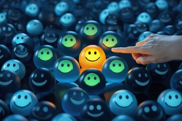 Niche marketing and customer satisfaction survey. Market research and segmentation strategy. Marketer touching customer best review face icon.