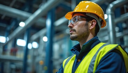 Engineer in yellow hard hat safety vest and glasses. Factory worker monitors machine. Smart factory concept uses IIoT solutions for predictive analysis optimization and automation.