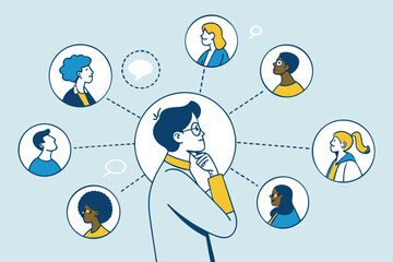 360 degree feedback, assessment or performance appraisal, customer review, testimonial or job networking, employee evaluation, rating or survey concept, businessman get feedback from colleagues.