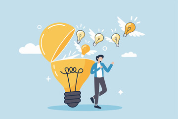 Idea generation, creativity or innovation to inspire new ideas, invention and knowledge, imagination or wisdom for solution concept, young adult man open lightbulb to develop and generate new ideas.