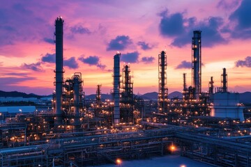 Obraz premium Industrial refinery plant at sunset shows complex pipelines and towers. Use for energy, industry, or global warming concepts.
