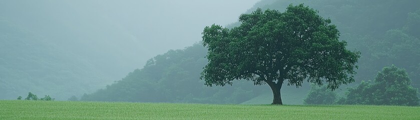 Fototapeta premium Solitary tree, rain, green field, misty mountains, nature peace