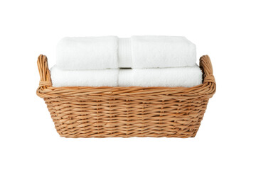 Fototapeta premium Wicker basket with white towels neatly arranged, cut out