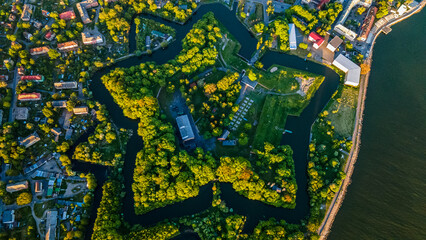 Baltiysk, Kaliningrad region, Russia May 30, 2021 aerial view embankment and Baltic Sea