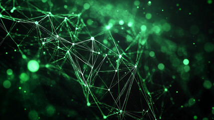 Green network of interconnected lines and nodes forming a complex abstract structure in the darkness