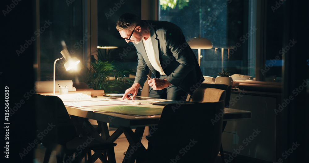 Poster architecture, night and business man drawing for urban planning, property design and floorplan. crea