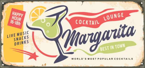 Cocktail lounge retro sign design with glass of margarita. Drinks vector illustration. Cafe bar advertisement. © lukeruk