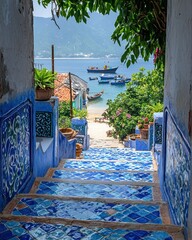 Fototapeta premium Scenic Coastal Staircase: A Vietnamese Coastal Village Escape