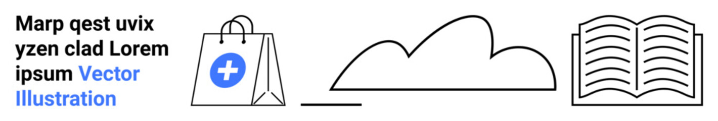 Medical shopping bag, abstract cloud, and open book outline. Ideal for healthcare, education, cloud services, e-commerce, minimalistic design, technology simple landing page