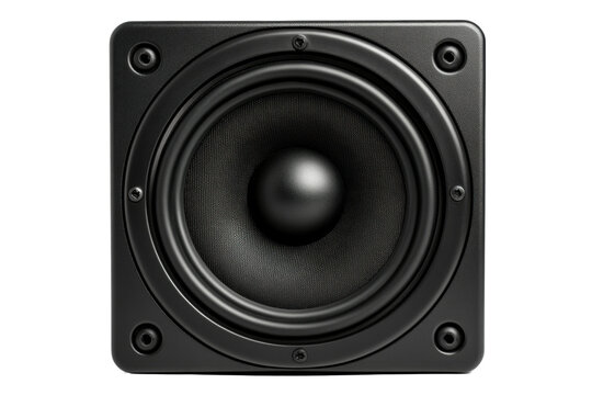 Close-up of black square speaker with central cone design, cut out
