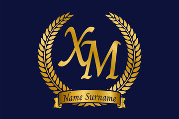 Initial letter X and M, XM monogram logo design with laurel wreath. Luxury golden calligraphy font.