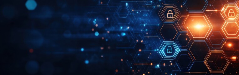 Abstract background with digital security icons and hexagons, representing cyber protection or data resilience in the modern world of technology and business Generative AI
