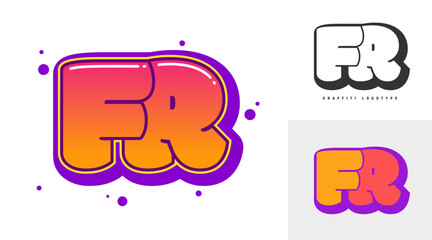 FR logo design for festival or party. Initial letter f and r in graffiti style. Creative modern lettering company name of font typography. Kids trendy logotype or identity.