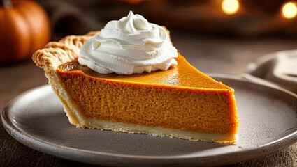 Capture the essence of comfort food with a beautifully presented slice of pumpkin pie featuring rich textures and warm colors in a charming rustic kitchen setting.