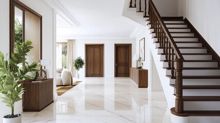 A farmhouse-inspired home featuring a seamless white and brown marble staircase, complete with thick wooden balusters and a cozy atmosphere.