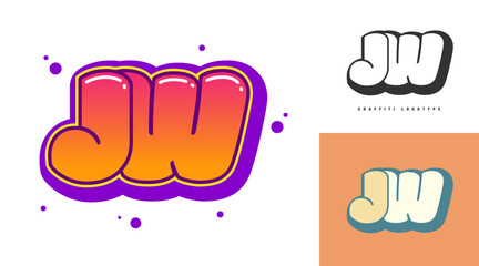JW logo design for festival or party. Initial letter j and w in graffiti style. Creative modern lettering company name of font typography. Kids trendy logotype or identity.