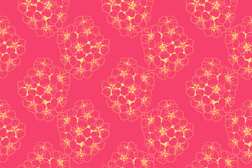 Elegant seamless pattern of delicate floral clusters in soft gold on a vibrant pink background.