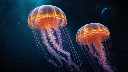 Two glowing jellyfish peacefully swimming in deep ocean against a dark blue backdrop

