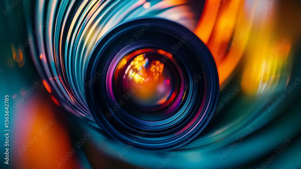 Poster a close up view of a camera lens with colorful reflections and abstract swirling light patterns arou