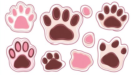Fototapeta premium Animal paws in various sizes, colors, and positions on a white backdrop for design