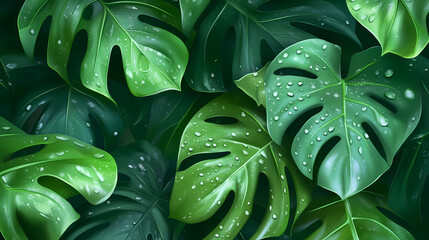Fototapeta premium Close-up of lush green tropical leaves with raindrops. beautiful simple ai generated image. Lush Containment. Illustration
