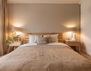 A serene bedroom with soft, warm lighting, featuring a plush bed with light linens, cozy throw pillows, and a neutral color palette. The room is enhanced with wooden furniture, a stylish lamp