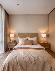 A serene bedroom with soft, warm lighting, featuring a plush bed with light linens, cozy throw pillows, and a neutral color palette. The room is enhanced with wooden furniture, a stylish lamp