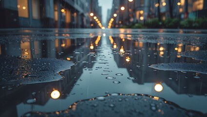 Puddles on a city sidewalk with reflections of buildings and streetlights – Vibrant urban contrast, cinematic feel, spring rain atmosphere.

