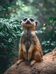 Curious Meerkat Gazing Upward in Lush Green Foliage