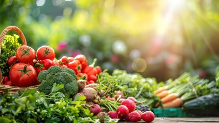 Fresh Produce Display in a Sunlit Garden Setting with Vibrant Vegetables and Herbs for Healthy