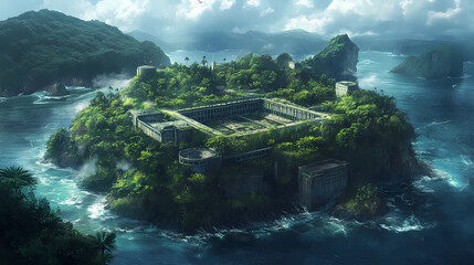 Secluded island prison: a high-security complex, isolated and surrounded by lush greenery, ensuring maximum containment. Lush Containment. Illustration