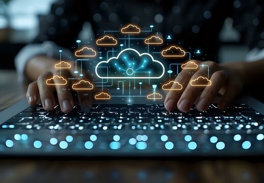 Glowing cloud computing network with connected orange and blue neon icons floating above laptop keyboard, hands typing in dark environment with bokeh lights.