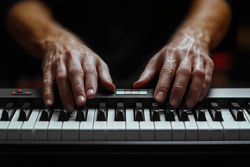 Fototapeta premium Close up of hands playing a piano with focus on minimalism and musical expression