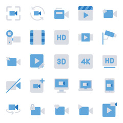 Blue color icons set for Video, player, multimedia.