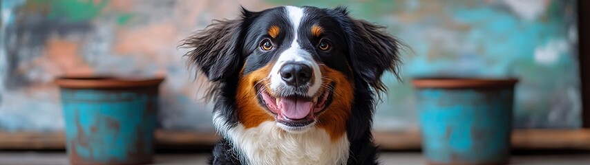 Fototapeta premium A smiling tricolor dog poses with blue pots in front