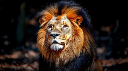Fototapeta premium Majestic male lion portrait, dark background.