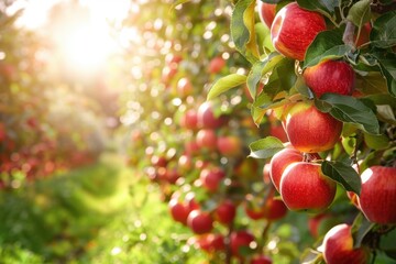 Ripe red apples on trees in a sunny and lush apple orchard scene


