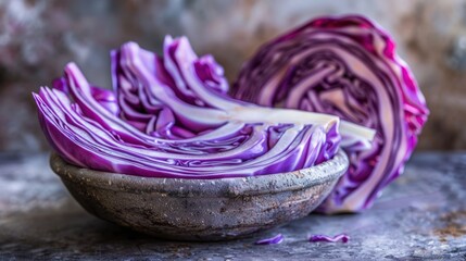 Obraz premium Fresh Purple Cabbage Slices in a Rustic Bowl Healthy Eating and Culinary Delight