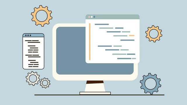 Computer screen displaying a large page of coding lines in a clean and minimalistic style. Surrounded by gears, programming, development, and automation Concept. 