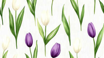 Obraz premium A field of purple and white tulips with green foliage on a white backdrop, featuring a repeating pattern of white and purple blooms