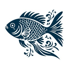 Decorative fish silhouette with ornamental scales and flowing fins in navy blue monochrome style, isolated on white background for logos and design elements.