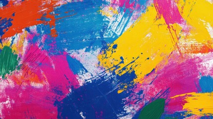 Bright brushstrokes of pink, orange, yellow, blue, and green paint. Perfect for a vibrant, energetic abstract background or artistic design.