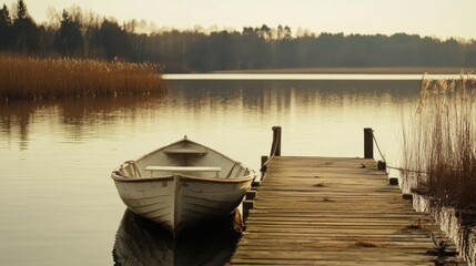Fototapeta premium Serene Wooden Dock with Rowboat at Calm Lake During Golden Hour