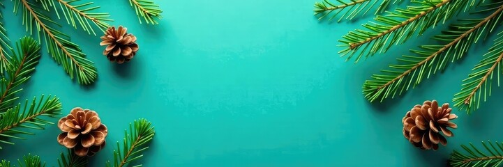 Teal colored background with pinecone and evergreen decoration, teal, tree