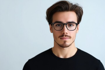 Obraz premium Young caucasian male in glasses with short brown hair, casual black shirt, neutral expression
