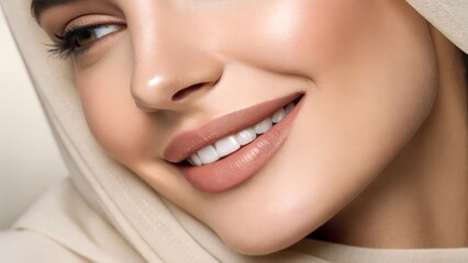 Fototapeta premium close up beautiful pretty woman's lip with nude color lipstick with gentle smile, beauty and cosmetic ad concept 