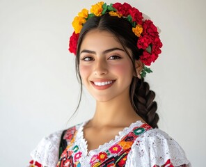 Woman Smiling Wearing Traditional Floral Headdress and Embroidered Dress Portrait